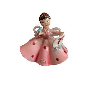 Vintage Lefton "May" Girl Porcelain Figurine 4.5"x4" Pink Dress With Hat & Blueb